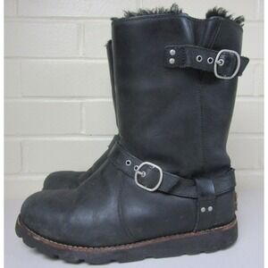 UGG Noira Leather Waterproof Motorcycle Boots Womens (7) Sheepskin Lined 1001733